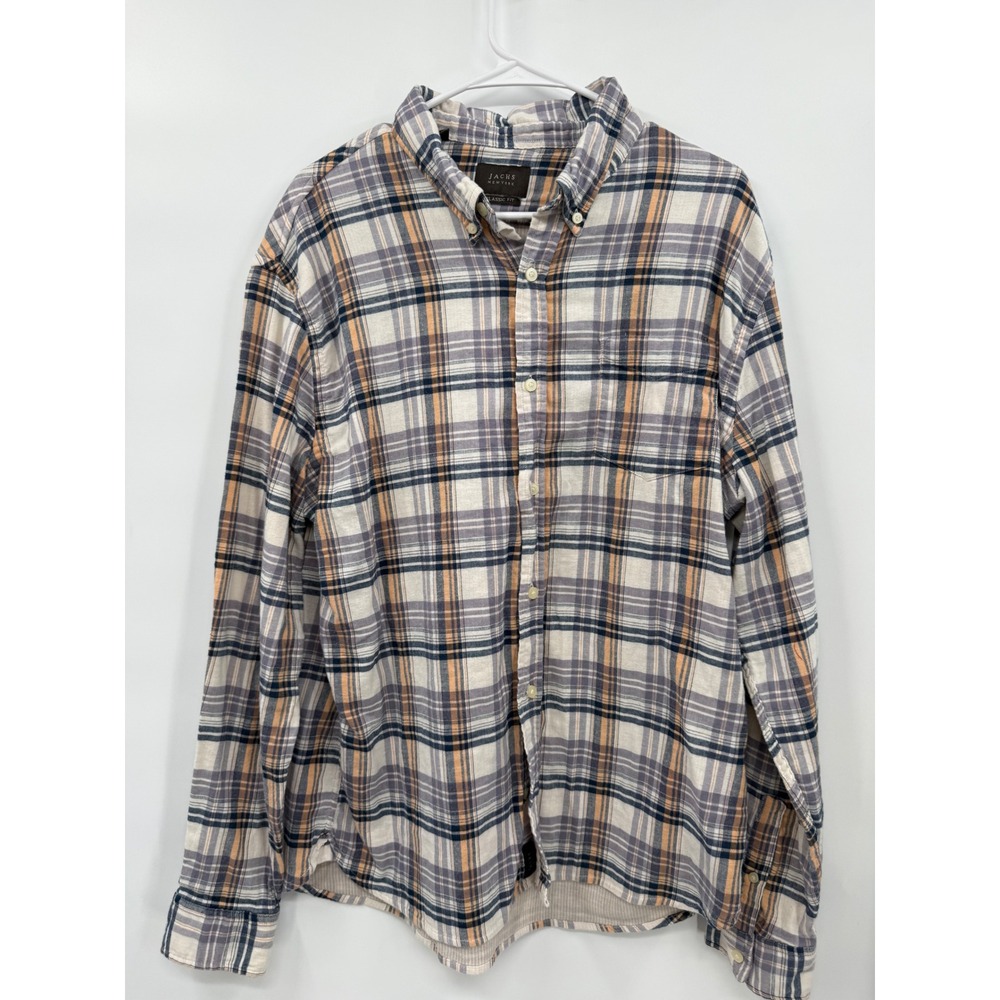 Jachs NY Large Plaid Button Down Mens Cream Navy Orange Classic Fit Long Sleeve